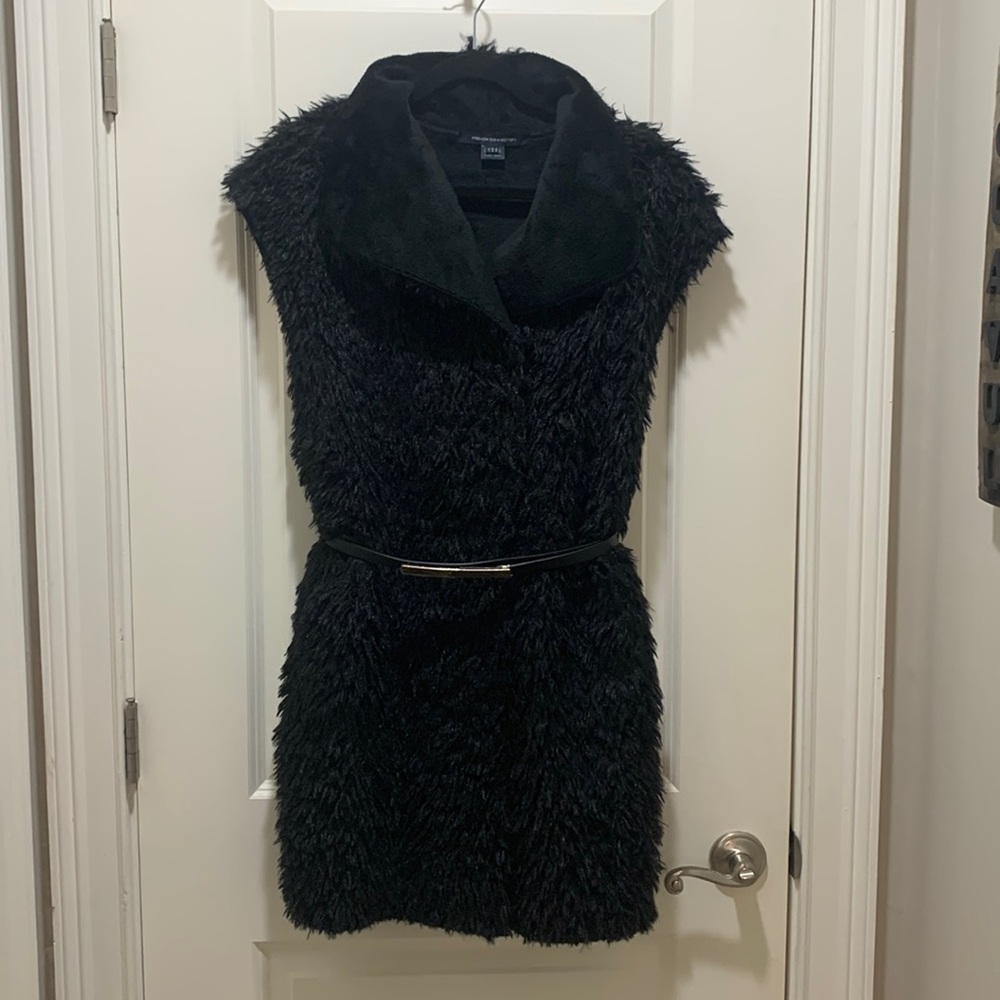 French Connection black faux fur vest with belt